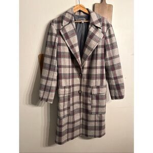 Chelsea28 Gray Wool Blend Windowpane Plaid Double Breasted Long Coat Size Small